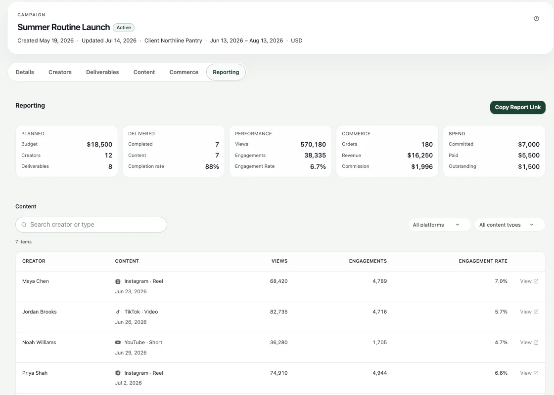 Campaign reporting with planned and delivered work, performance, commerce, and spend